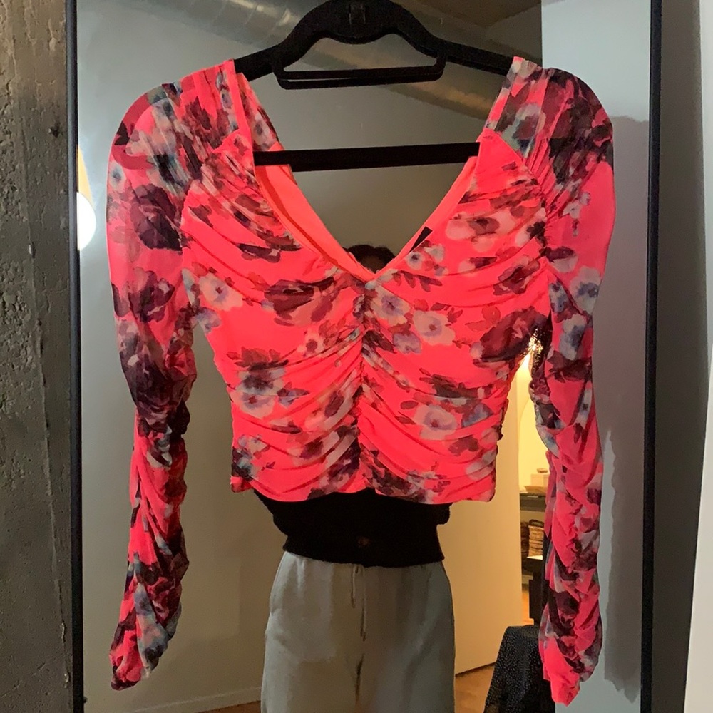 Hot pink mesh floral crop top